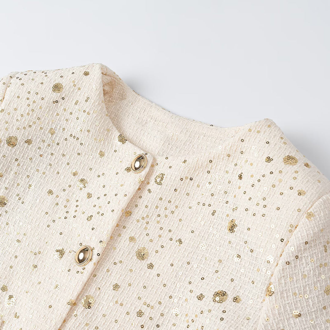 Damen Bouclé-Cropped-Jacke mit Paillettenbesatz, Rundhals und aufgesetzten Taschen Echoarchiv