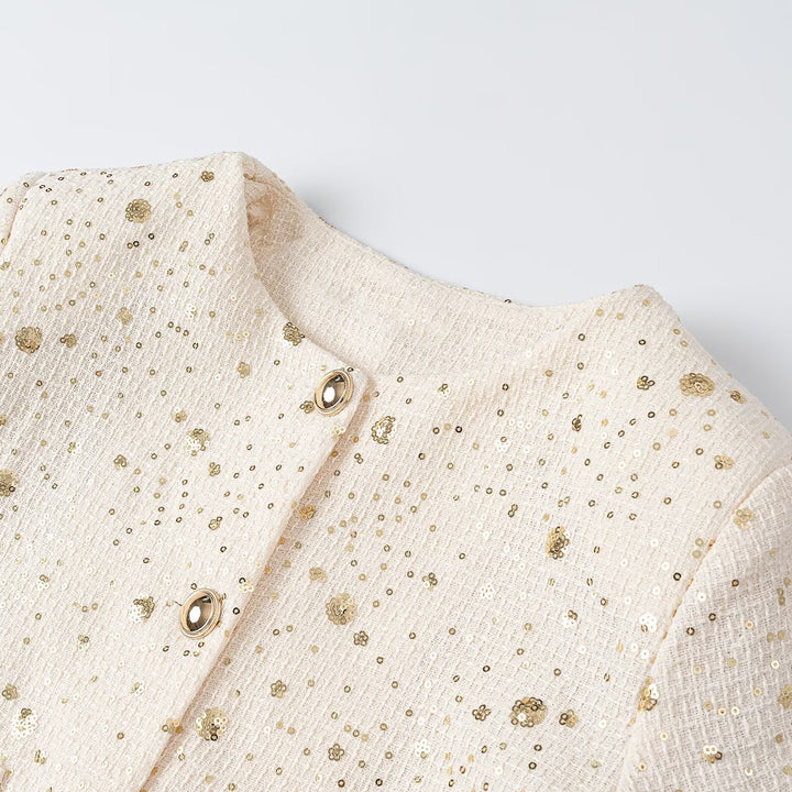 Damen Bouclé-Cropped-Jacke mit Paillettenbesatz, Rundhals und aufgesetzten Taschen Echoarchiv