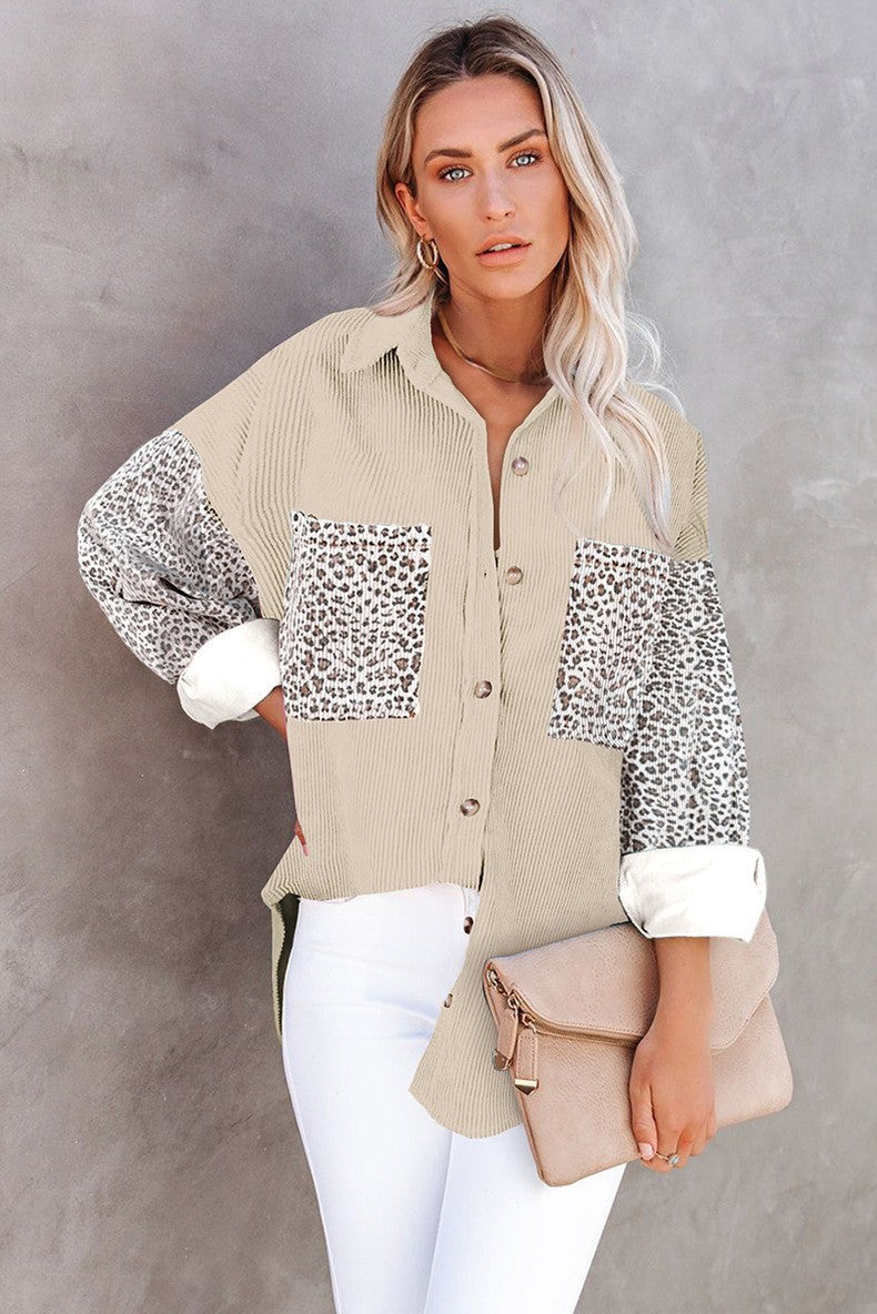 Damen Oversize-Hemdbluse mit Strukturstoff und Leo-Print Einsätzen Echo Archiv