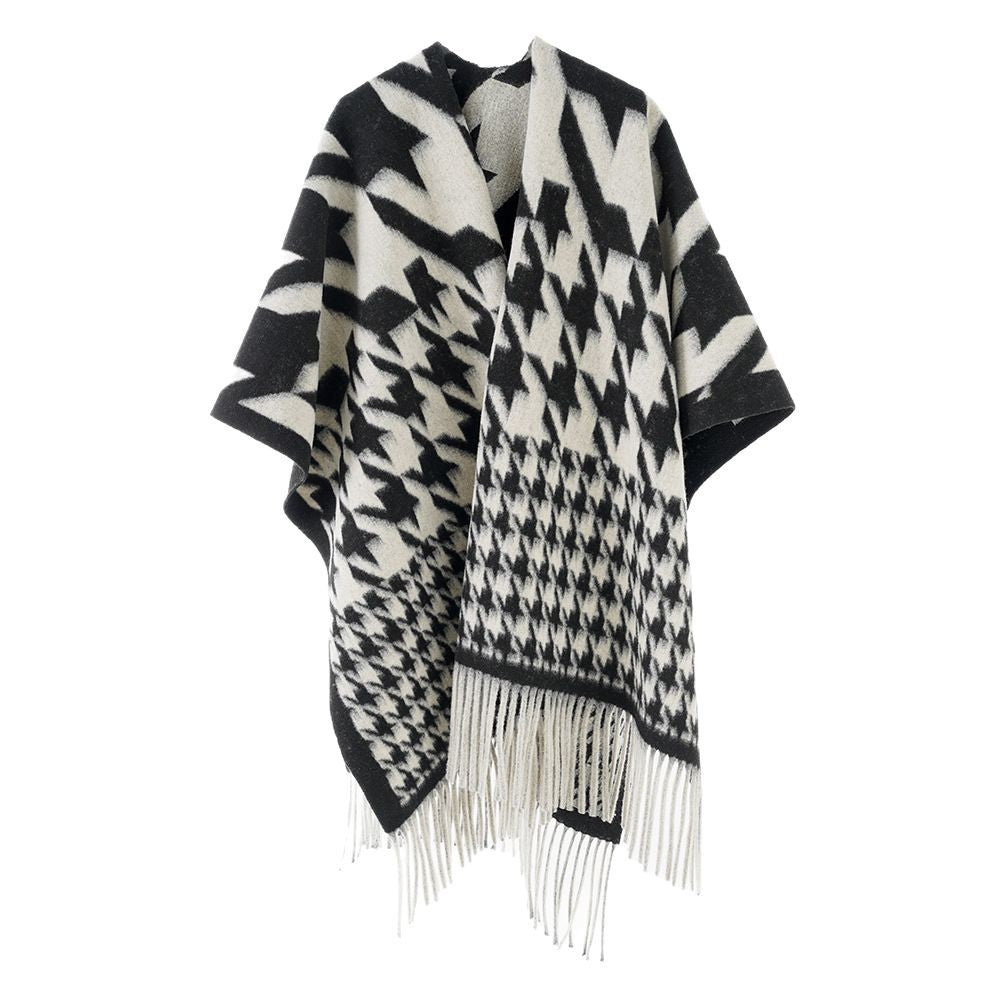 Damen Wollmix-Poncho mit Hahnentritt-Muster und Fransensaum – Célinea