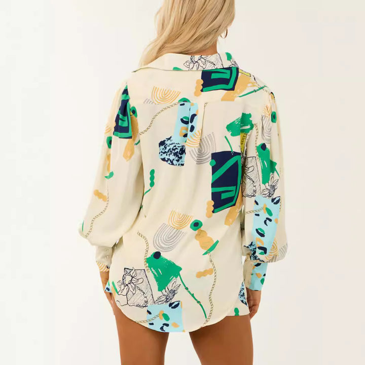 Damen Oversized-Hemdbluse mit grafischem Allover-Print, Brusttaschen und Ballonärmeln – Avérine