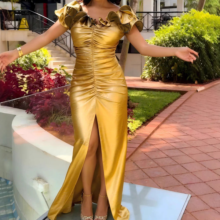 Damen Elegantes Maxikleid mit asymmetrischem Rüschendesign und schickem Schlitz Echo Archiv
