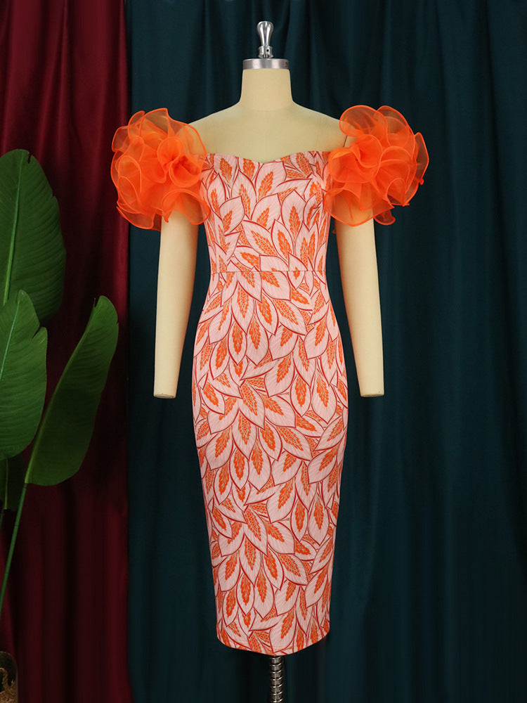 Damen Elegantes Midi-Kleid mit innovativen Puffärmeln und kunstvollem Druck Echo Archiv