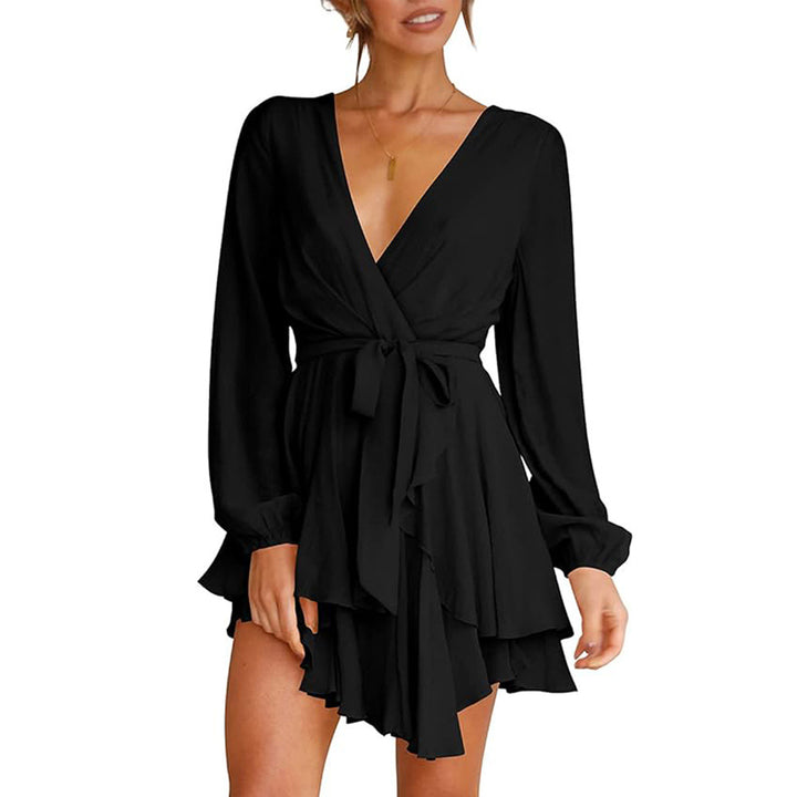 Damen gerafftes Wickelkleid mit tiefem V-Ausschnitt stufigem Volantrock und Bindegürtel – Élara
