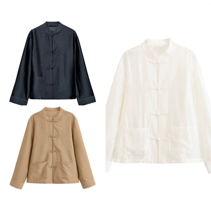 Damen Locker geschnittene Jacke mit Mandarinkragen und Knotenverschlüssen Echo Archiv