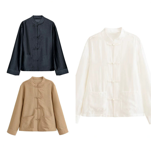 Damen Locker geschnittene Jacke mit Mandarinkragen und Knotenverschlüssen Echo Archiv