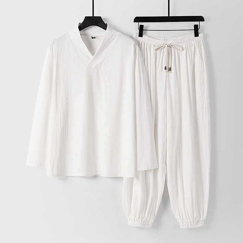 Herren Lockeres Leinen-Loungewear-Set mit V-Ausschnitt elastischem Bund und gerafften Knöcheln Echoarchiv