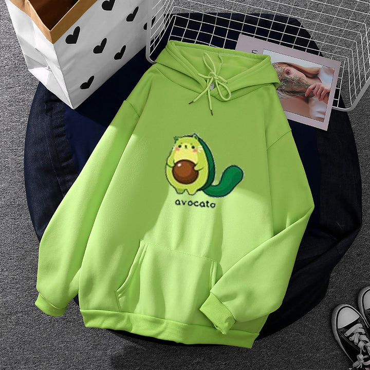 Damen Oversize-Fleecehoodie mit weichem Innenfutter, Kängurutasche und Avocato-Cartoonmotiv – Auréline