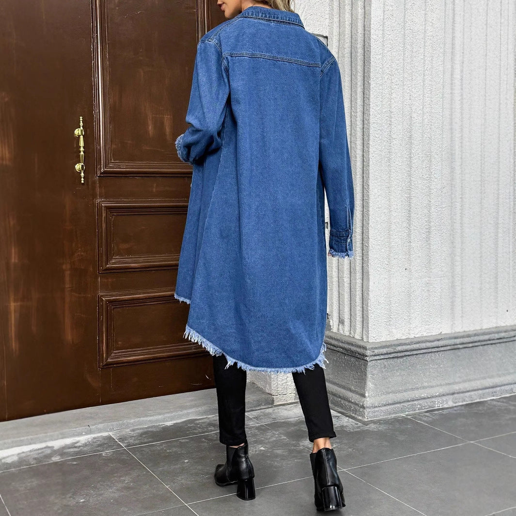 Damen Oversize Denim-Hemdjacke im Longline-Schnitt mit ausgefranstem Saum Echo Archiv