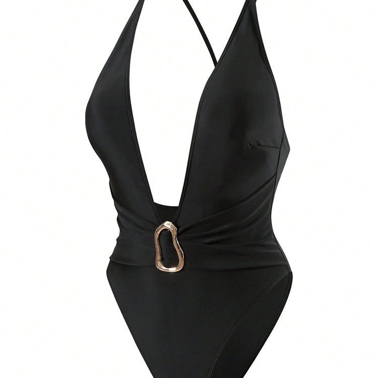 Damen Einteiler Badeanzug mit tiefem V-Ausschnitt und elegantem Schmuckelement Echo Archiv