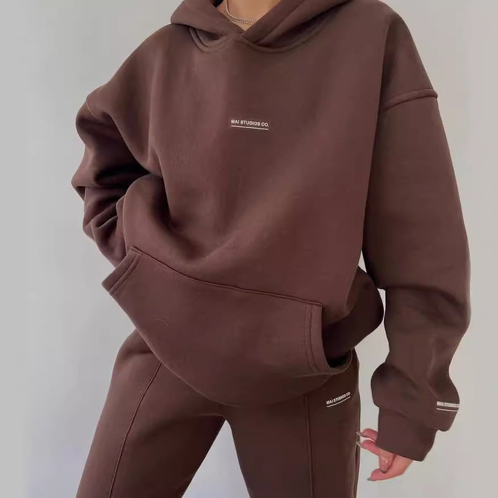 Damen Set Schwere French‑Terry Oversize‑Kapuzenpullover mit Kängurutasche und Slim‑Jogginghose Echoarchiv