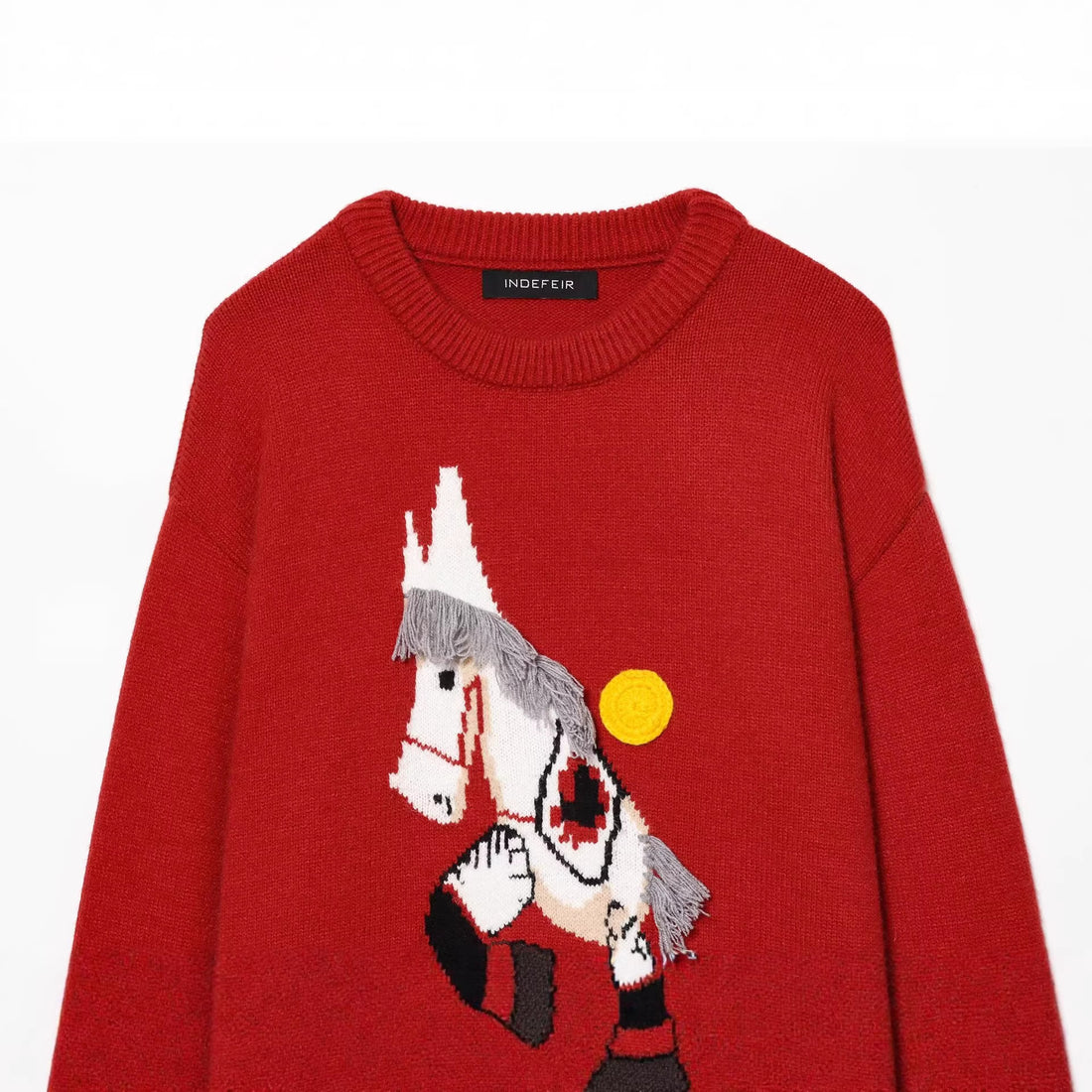 Damen Strickpullover mit Pferde-Motiv und Fransenapplikation, Oversize-Rundhals Echoarchiv