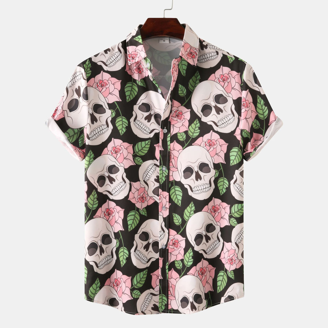 Herren Kurzarmhemd mit kreativem Totenkopf- und Blumenmuster Echoarchiv 1757487585