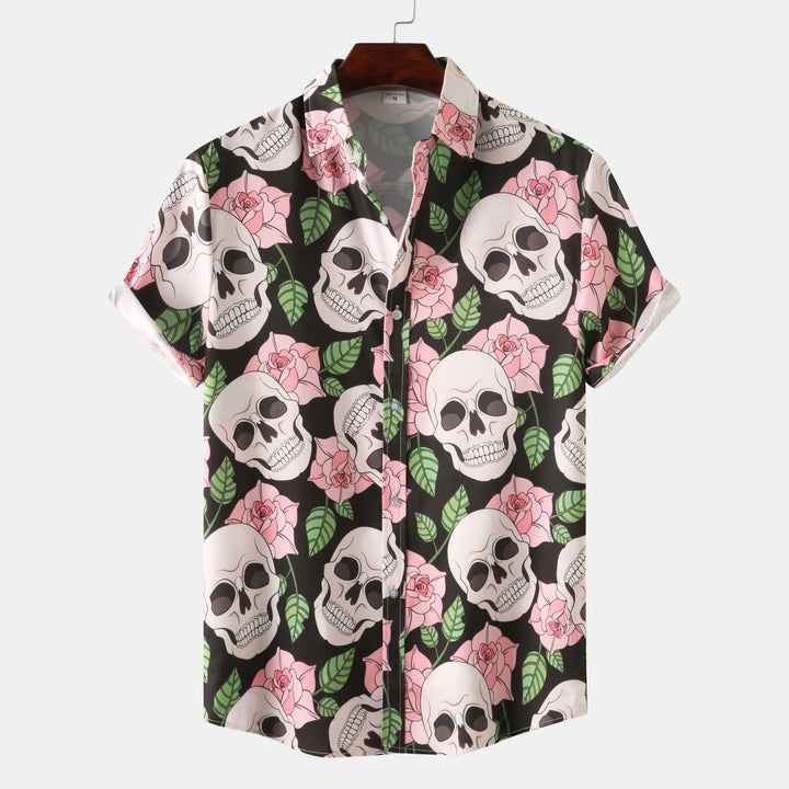 Herren Kurzarmhemd mit kreativem Totenkopf- und Blumenmuster Echoarchiv
