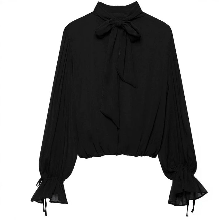 Damen Elegante Chiffon‑Schluppenbluse mit Ballonärmeln und gerafftem Saum Echo Archiv