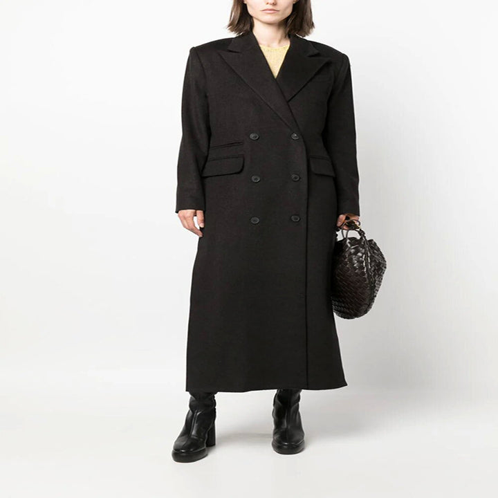 Damen Maxilanger Doppelreihiger Wollmix-Longcoat mit strukturierten Schultern und Pattentaschen Echoarchiv
