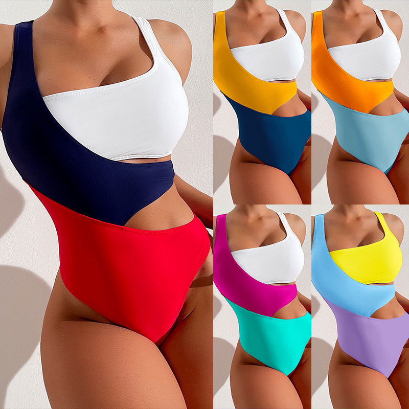Damen Einteiler Badeanzug mit asymmetrischem Design und bunten Kontrastflächen Echo Archiv