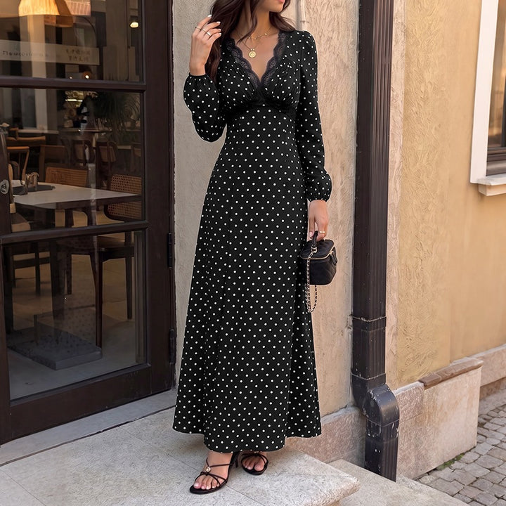 Damen Polka‑Dot Maxikleid mit Spitzen‑V-Ausschnitt, Empire‑Taillenlinie und langem Fließrock Echoarchiv