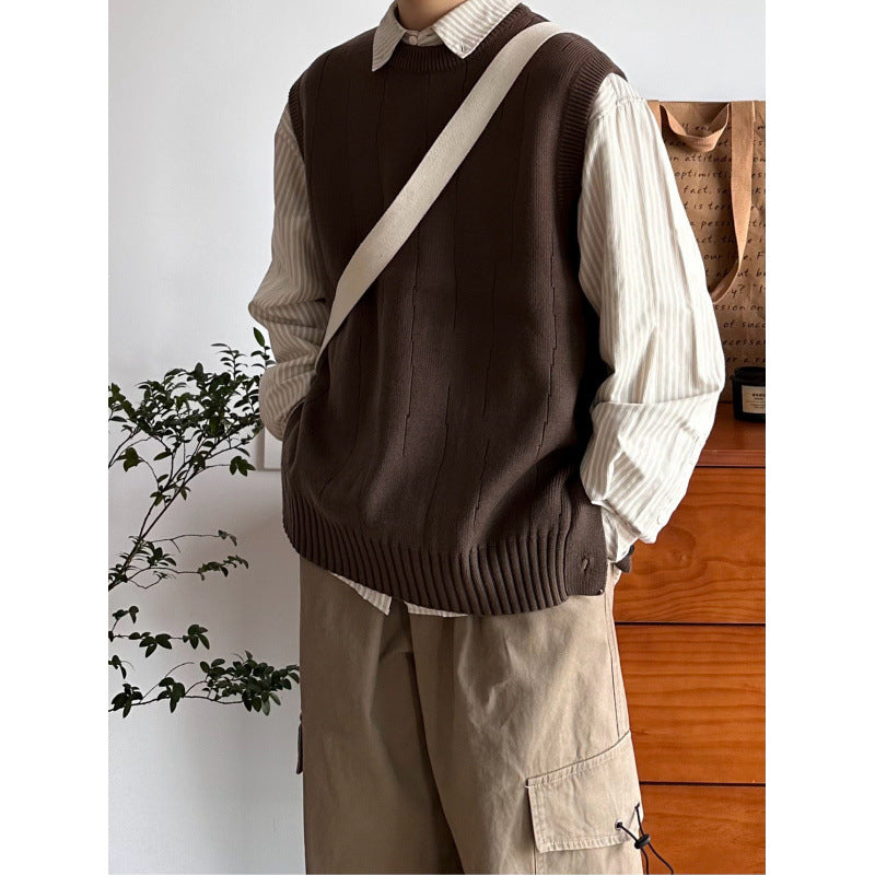 Herren Oversized Ärmellose Strickweste mit geripptem Saum und Rundhalsausschnitt Echoarchiv