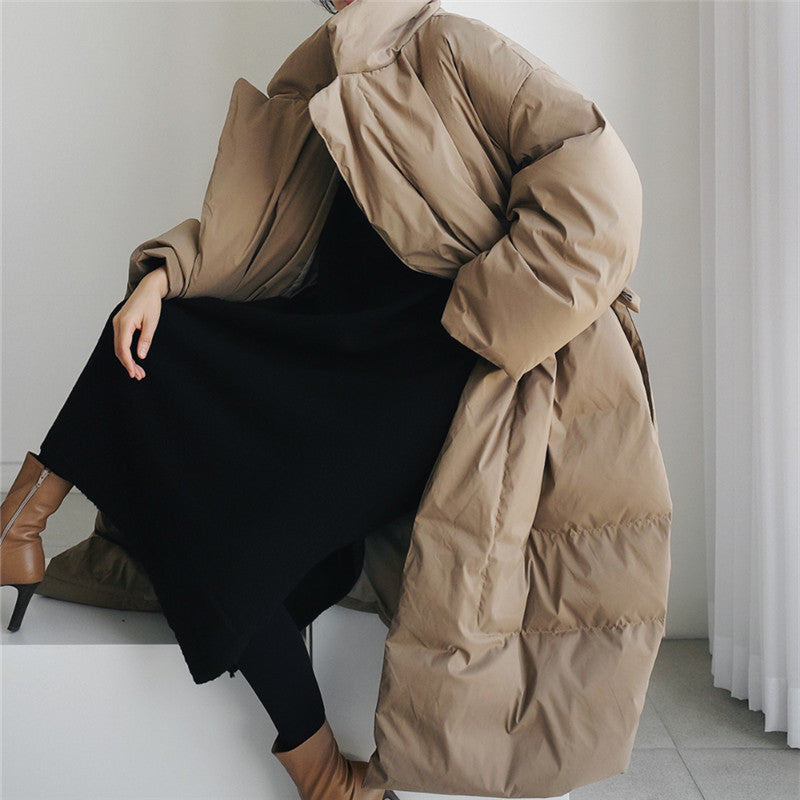 Damen Oversized Steppmantel Maxi mit hohem Stehkragen, Bindegürtel und winddichter Füllung Echoarchiv