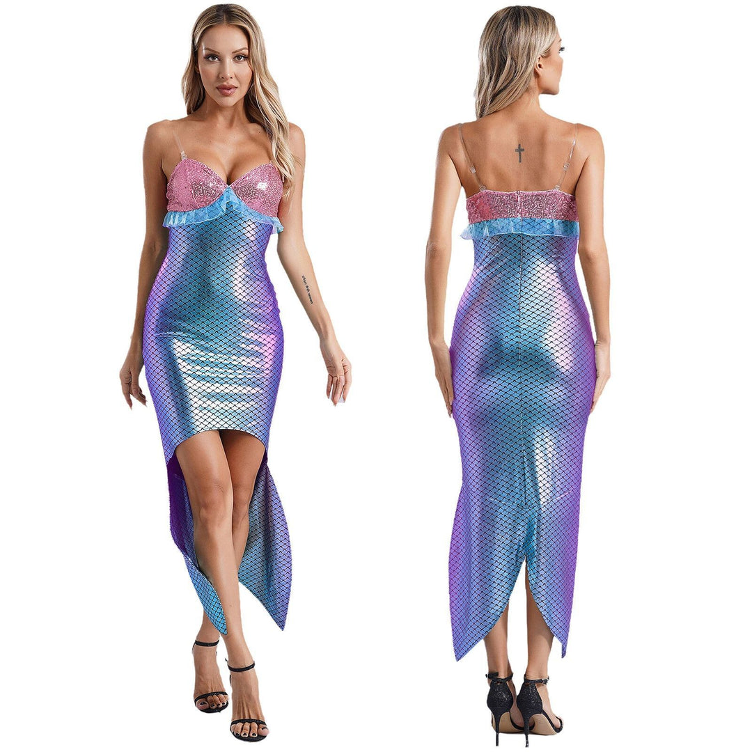 Damen Glamouröses Meerjungfrau-Kleid mit asymmetrischem Saum und schimmerndem Oberteil Echo Archiv