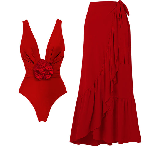 Damen Eleganter V-Ausschnitt Badeanzug mit dekorativem Blumenarrangement Echo Archiv