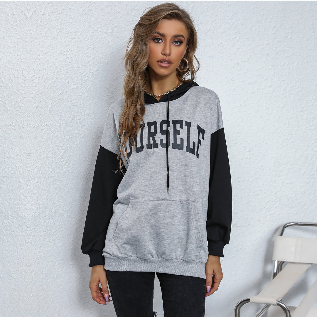 Damen Oversize-Kapuzenpullover mit College-Print, Kängurutasche und Kontrastärmeln Echoarchiv