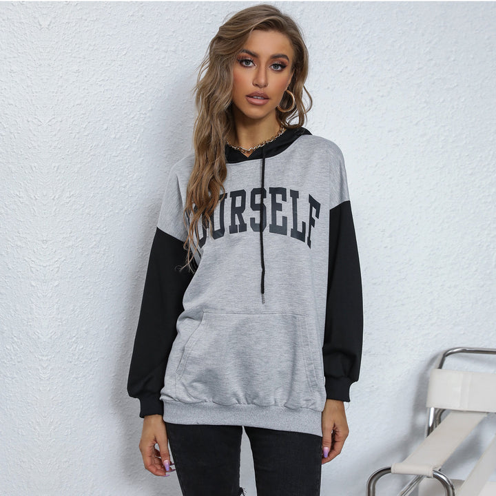 Damen Oversize-Kapuzenpullover mit College-Print, Kängurutasche und Kontrastärmeln Echoarchiv