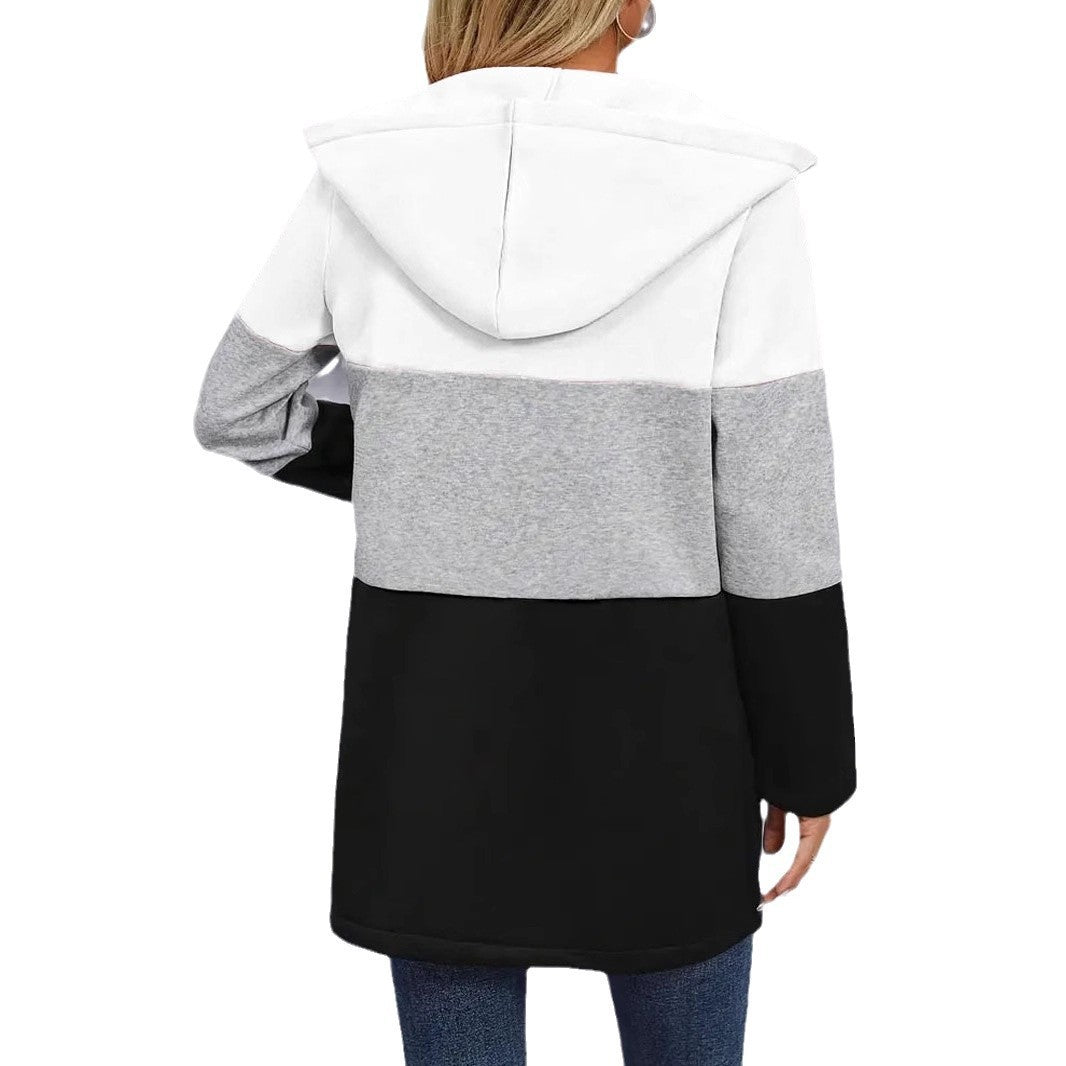 Damen Kapuzen-Farbblock-Mantel mit durchgehendem Reißverschluss, oversized Schnitt und mittellanger Silhouette – Célinea