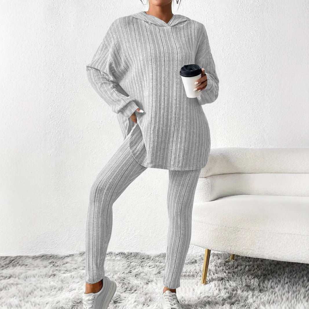 Damen Geripptes Feinstrick‑Loungewear‑Set mit Kapuzenpullover und hochtaillierten Leggings Echoarchiv