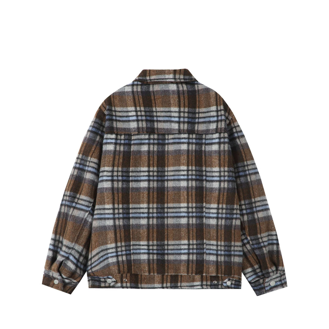 Damen Kurz geschnittene karierte Overshirt‑Jacke aus Wollmix mit Druckknopf‑Front und Pattentaschen Echoarchiv