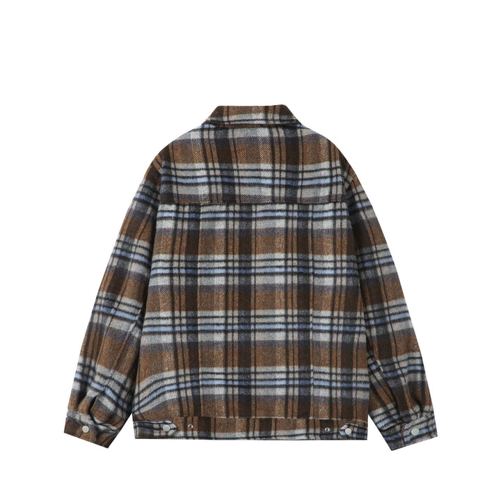 Damen Kurz geschnittene karierte Overshirt‑Jacke aus Wollmix mit Druckknopf‑Front und Pattentaschen Echoarchiv