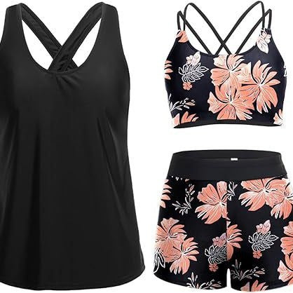 Damen Sportliches Tankini-Set mit floralem Oberteil und Shorts Echoarchiv