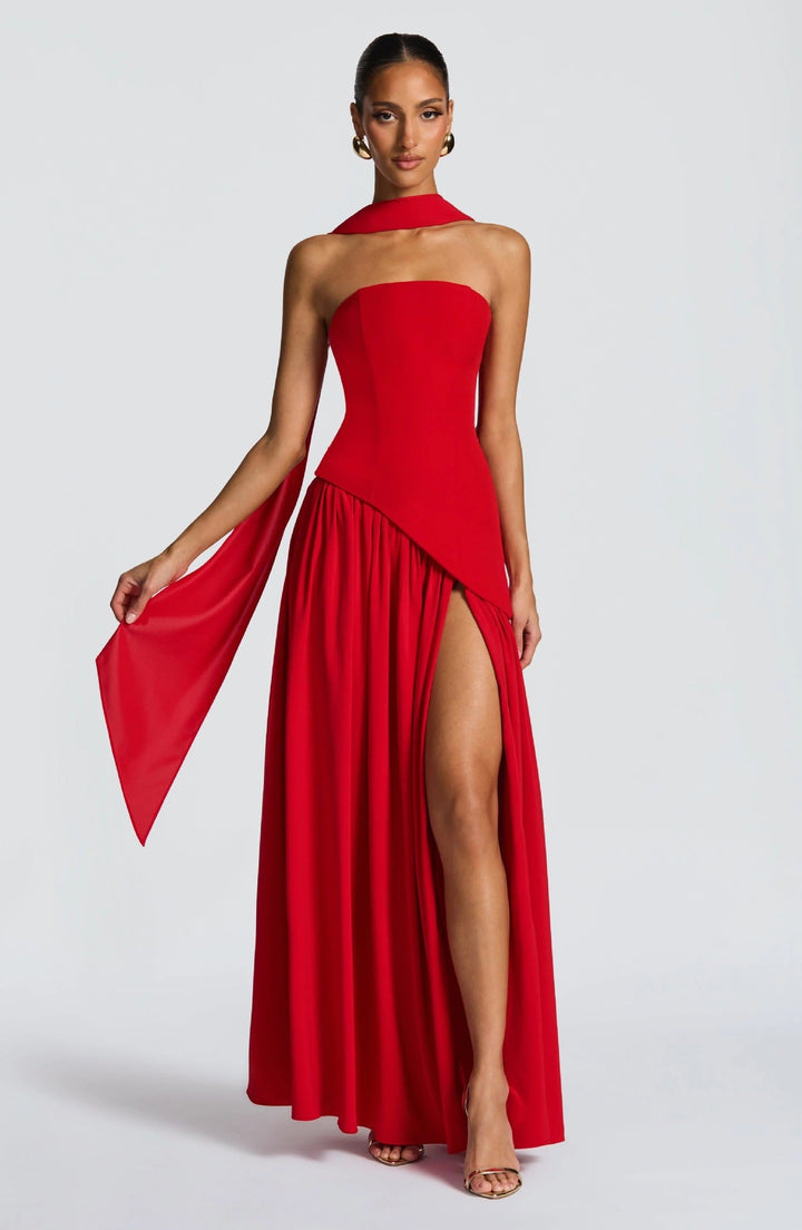Damen Maxikleid mit figurbetontem Oberteil und schwingendem Rock Echoarchiv
