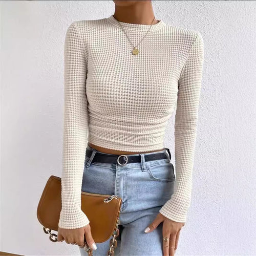 Damen nan tailliertes kurzgeschnittenes Waffelstrickshirt mit Rundhalsausschnitt und figurbetonter Passform Echo Archiv