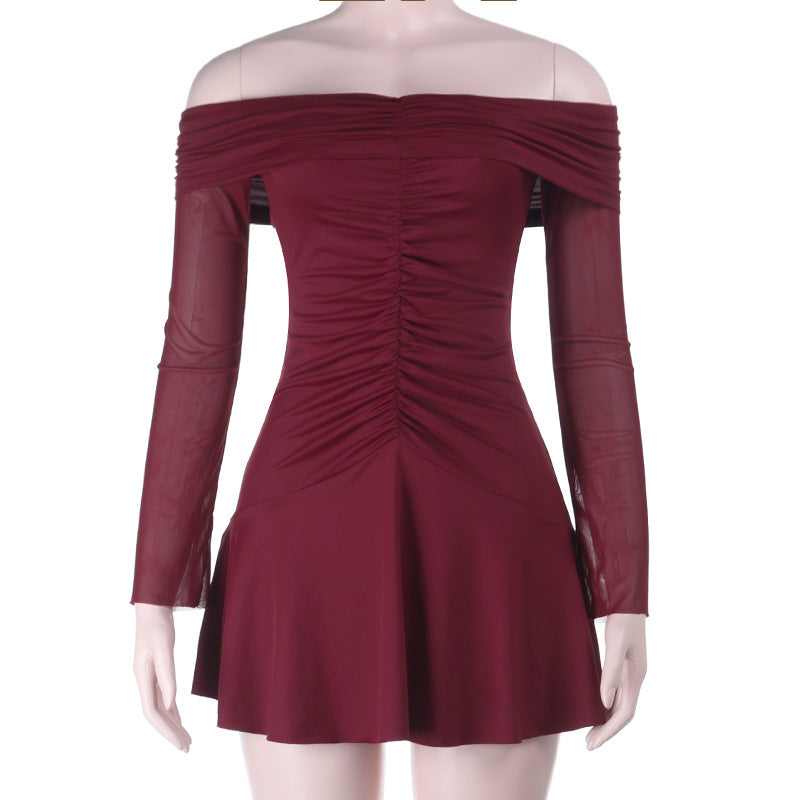 Damen Off-Shoulder Skaterkleid mit geraffter Vorderpartie und transparenten Mesh-Ärmeln – Avérine