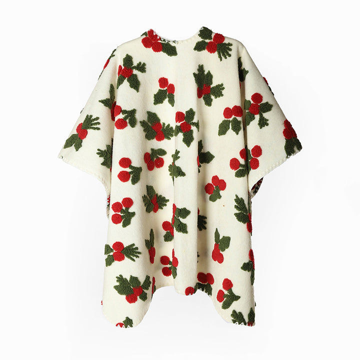 Damen Wolloptik-Poncho mit geprägtem Beeren-Jacquard und offenem Wasserfall-Schnitt – Avérine