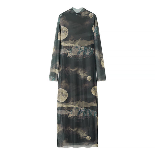 Damen langes Mesh-Maxikleid mit langen Ärmeln, hohem Rundhalsausschnitt und mystischem Mondprint – Valéora