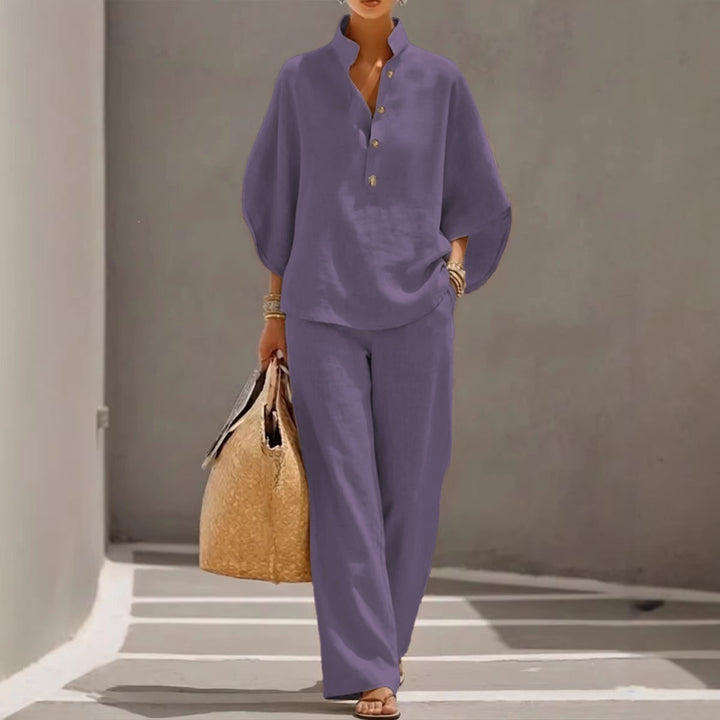 Damen Lockeres Leinenoptik-Zweiteiler mit Stehkragenbluse und weitem Palazzo-Hose – Élanora