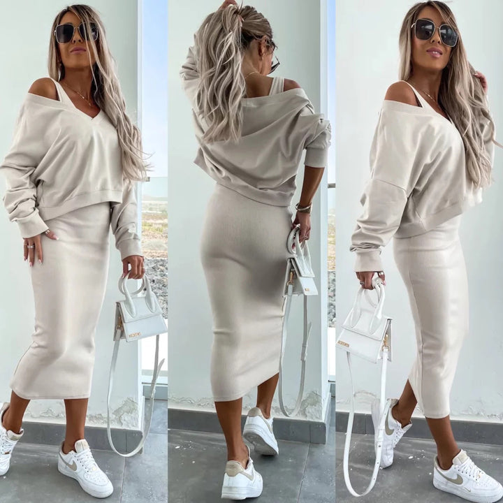 Damen weiches geripptes Lounge-Set mit Oversize-Viskoseshirt und High-Waist Schlaghose – Élanora