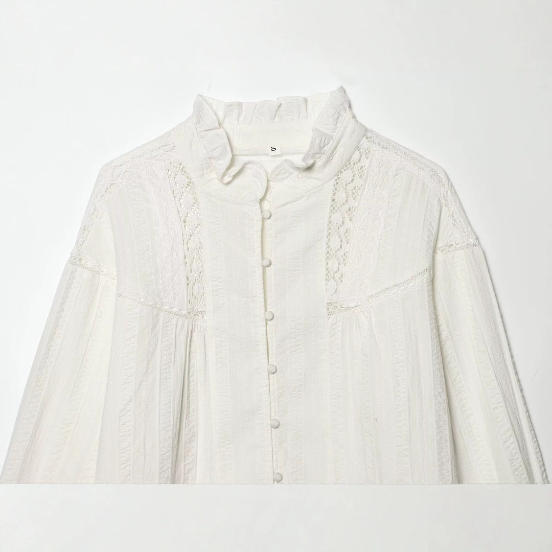 Damen Lockeres Vintage-Bluse mit Stehkragen, Spitzeinsätzen und Ballonärmeln Echo Archiv