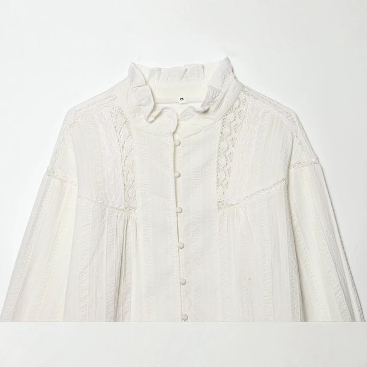 Damen Lockeres Vintage-Bluse mit Stehkragen, Spitzeinsätzen und Ballonärmeln Echo Archiv