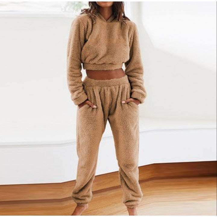 Damen Kuschelige Teddy-Fleece-Loungewear mit Cropped-Hoodie und High-Waist-Jogginghose Echo Archiv