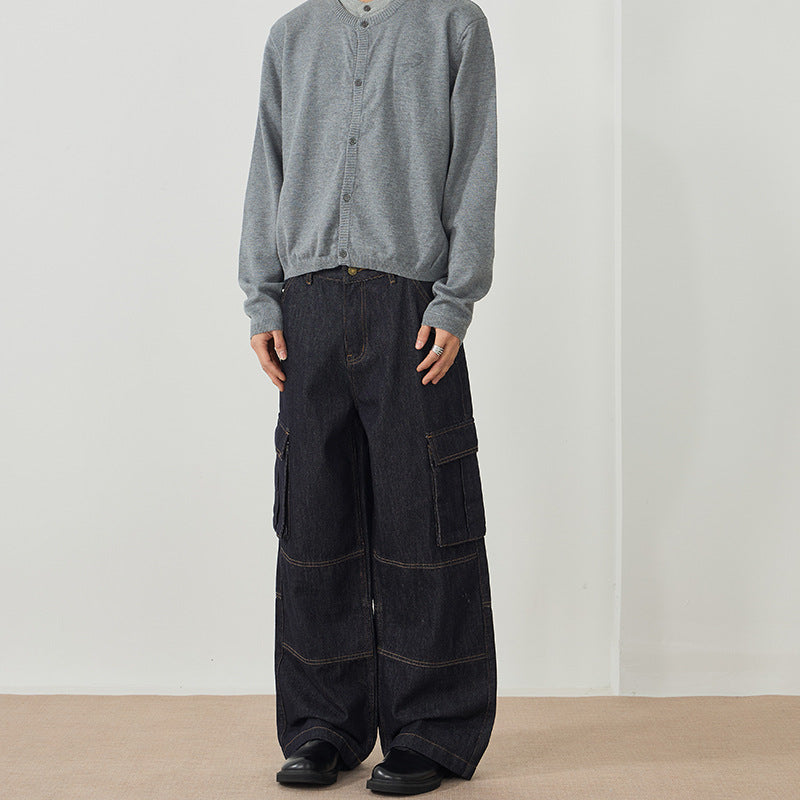 Herren Weite Denim-Cargo-Palazzohose mit Paneelnähten, Klappentaschen und rohem Finish Echo Archiv