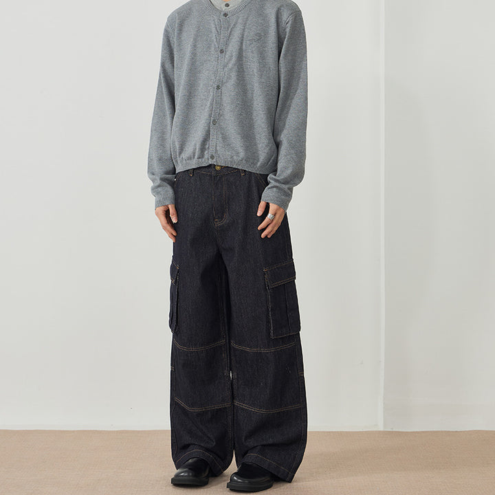 Herren Weite Denim-Cargo-Palazzohose mit Paneelnähten, Klappentaschen und rohem Finish Echo Archiv