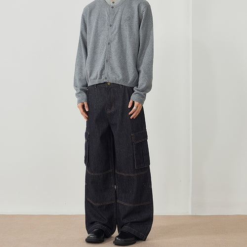 Herren Weite Denim-Cargo-Palazzohose mit Paneelnähten, Klappentaschen und rohem Finish Echo Archiv