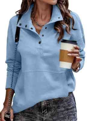 Damen Sweatpullover mit Stehkragen-Knopfleiste und Kängurutasche Echo Archiv