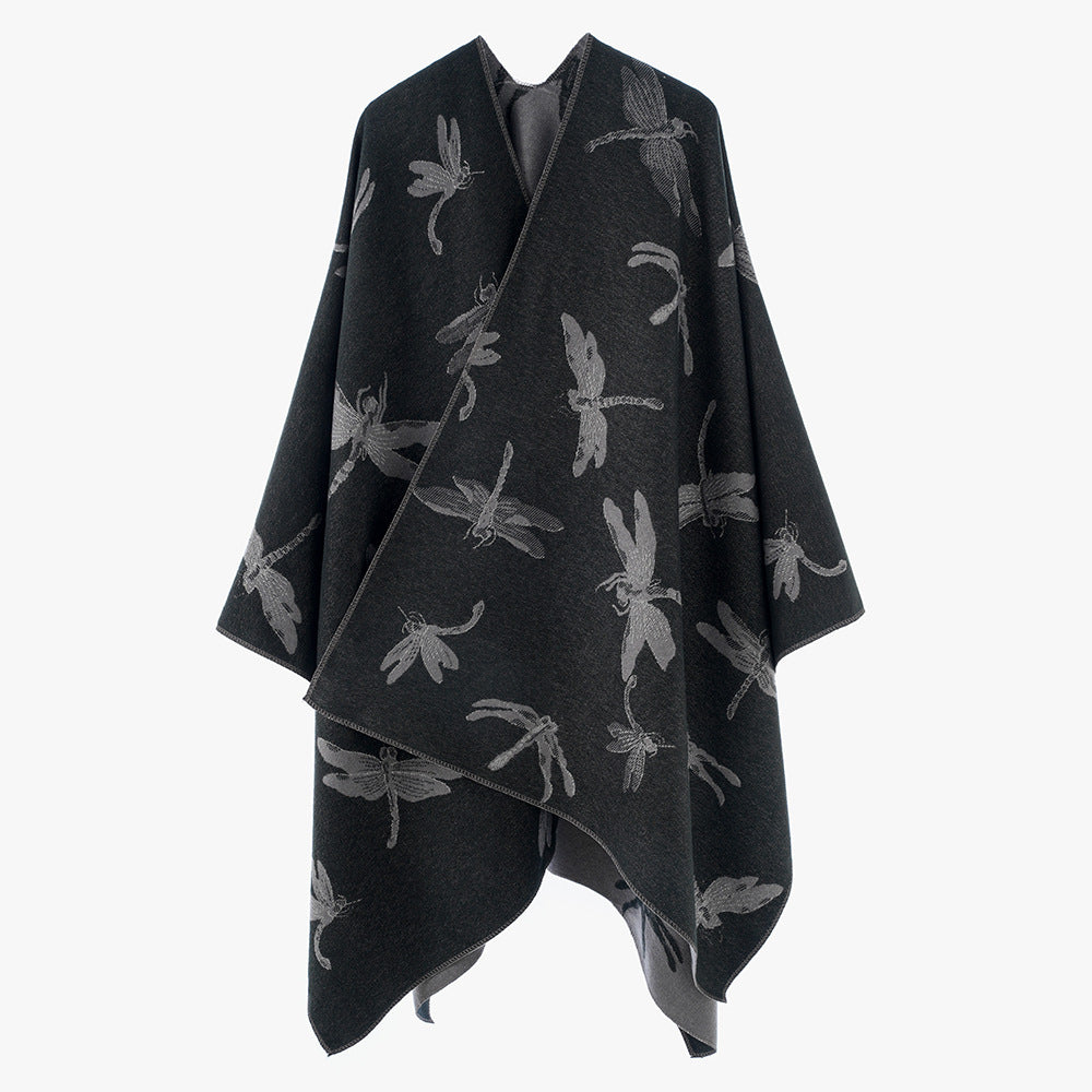 Damen Wendbarer Jacquard-Poncho mit Libellenmotiv – Avérine