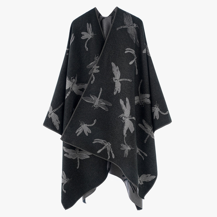 Damen Wendbarer Jacquard-Poncho mit Libellenmotiv – Avérine