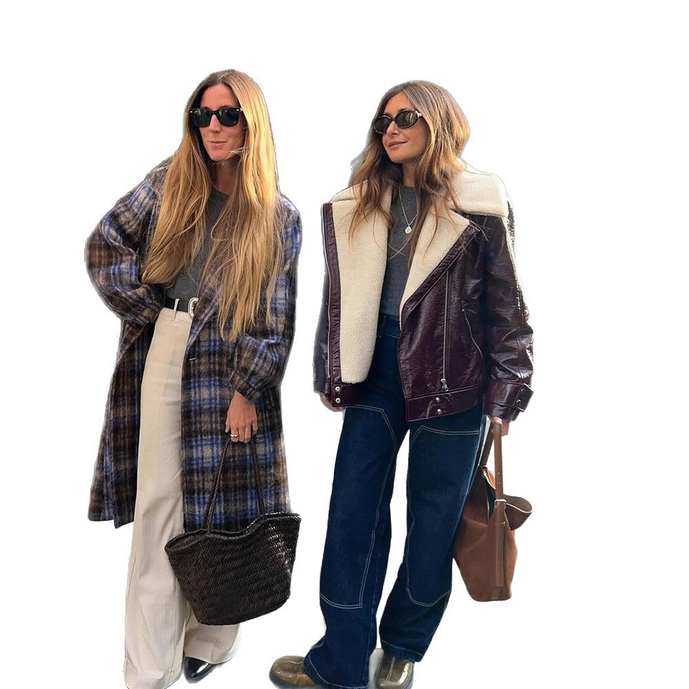 Damen Lackleder-Bikerjacke mit Sherpa-Futter und Oversize-Schnitt Echoarchiv